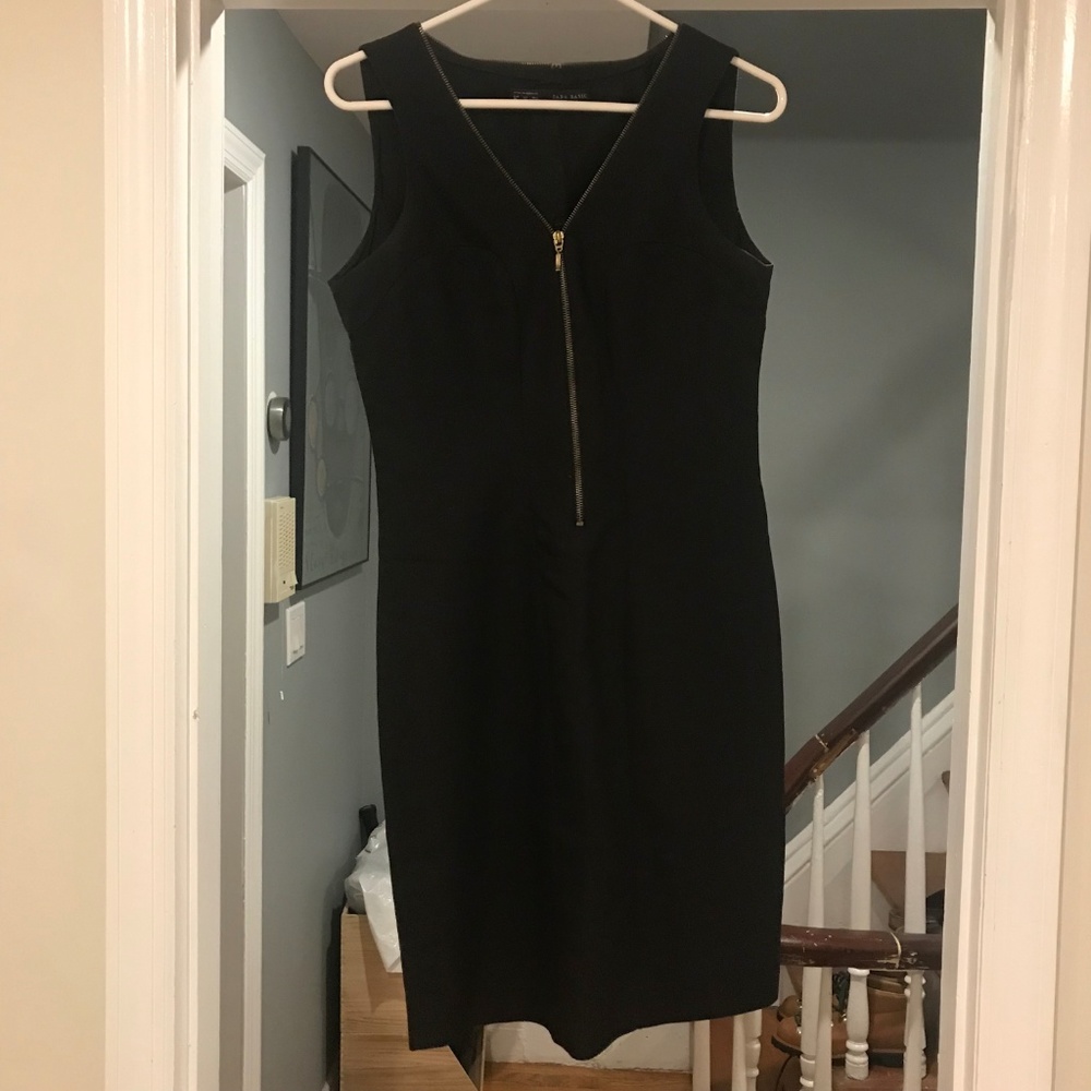 Zara Basics Black Front Zip Fitted Dress | M